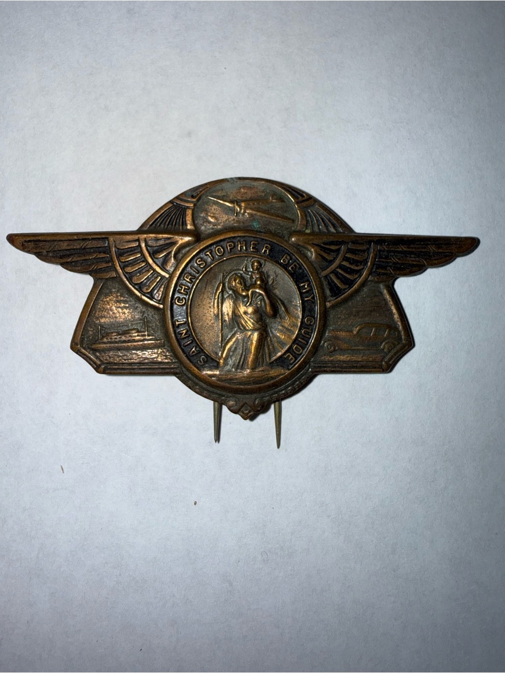Vintage Saint Christopher Bronze Travel Hat Pin USAAF 1930 Military Memorabilia